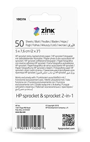 Hp Sprocket Zink 1De37A - Papel Fotográfico Adhesivo (50 Hojas, 5 X 7,6 cm/2 X 3 Pulgadas, Acabado Satinado)