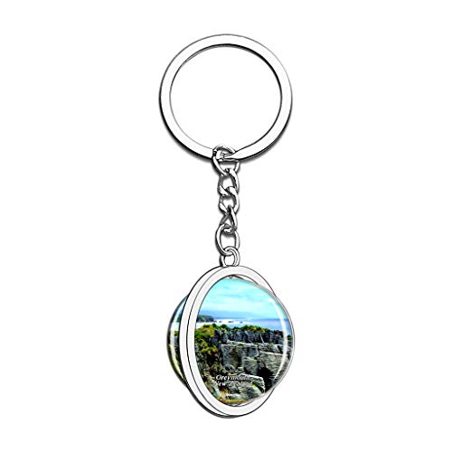 Hqiyaols Keychain Nueva Zelanda Punakaiki Pancake Rock y Blowhole Greymouth Cristal Girar Acero Inoxidable Llavero Viajes Ciudad Recuerdo Llavero