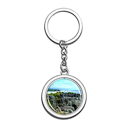 Hqiyaols Keychain Nueva Zelanda Punakaiki Pancake Rock y Blowhole Greymouth Cristal Girar Acero Inoxidable Llavero Viajes Ciudad Recuerdo Llavero