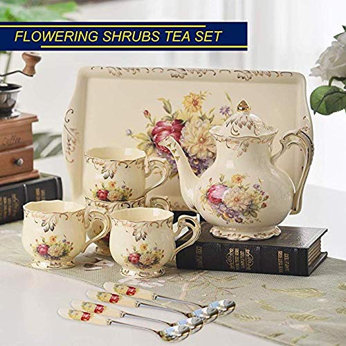 HRDZ Juego de Tazas de café Taza Taza de té y Plato de cerámica de Marfil Juego de 8 onzas Taza de té Elegante Taza de té Floral El Mejor Primer Regalo 4 Tazas 4 cucharas 1 Bandeja 1 Tetera 250 ml