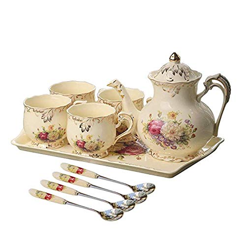 HRDZ Juego de Tazas de café Taza Taza de té y Plato de cerámica de Marfil Juego de 8 onzas Taza de té Elegante Taza de té Floral El Mejor Primer Regalo 4 Tazas 4 cucharas 1 Bandeja 1 Tetera 250 ml