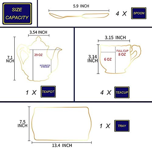 HRDZ Juego de Tazas de café Taza Taza de té y Plato de cerámica de Marfil Juego de 8 onzas Taza de té Elegante Taza de té Floral El Mejor Primer Regalo 4 Tazas 4 cucharas 1 Bandeja 1 Tetera 250 ml