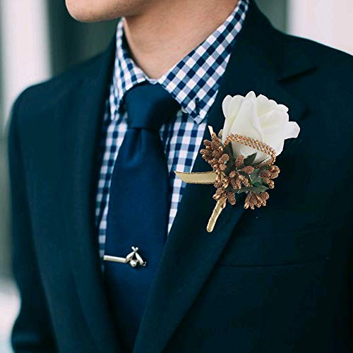 HUAESIN 4Pcs Boutonniere Hombre Ramillete Novio Botonier con Alfiler Broche Pin Rosa Corsage Boutonniere Flores para Detalle del Boda Bailes Fiestas Accesorios Decoración Hecho A Mano