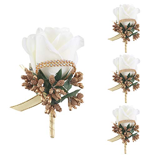 HUAESIN 4Pcs Boutonniere Hombre Ramillete Novio Botonier con Alfiler Broche Pin Rosa Corsage Boutonniere Flores para Detalle del Boda Bailes Fiestas Accesorios Decoración Hecho A Mano