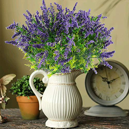 HUAESIN 4Pcs Flores Artificiales Lavanda Simulacion Arbusto Artificial Flores de Plastico Plantas Verdes con Flores Purpuras Rama Falsa Decoracion del Exteriores e Interiores Hogar Boda Fiesta