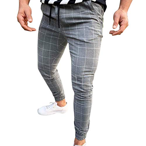 Huaheng Hombre Casual Estrecho Running Pantalón de Chándal Ajustado Chándal Deporte Sudor Cuadros Pantalones - Gris Claro, M