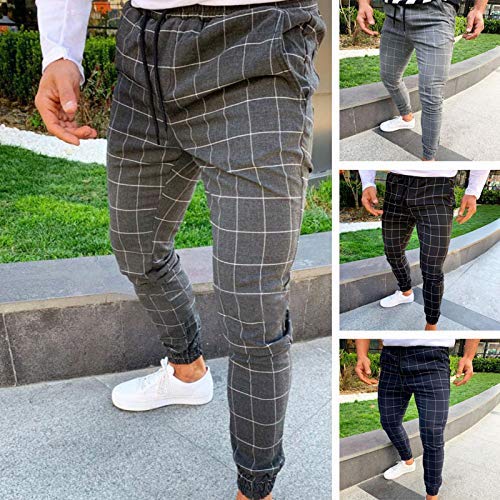 Huaheng Hombre Casual Estrecho Running Pantalón de Chándal Ajustado Chándal Deporte Sudor Cuadros Pantalones - Gris Claro, M