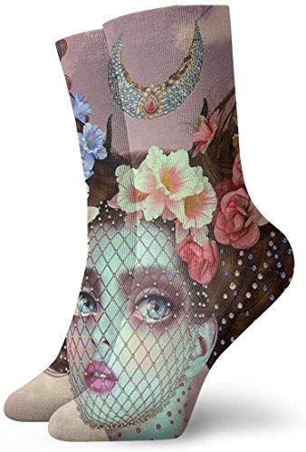 huatongxin Novelty Funny Crazy Crew Calcetín Women Horn Hair with Flowers Printed Sport Athletic Calcetines 30 cm Long Personalized Gift Calcetines