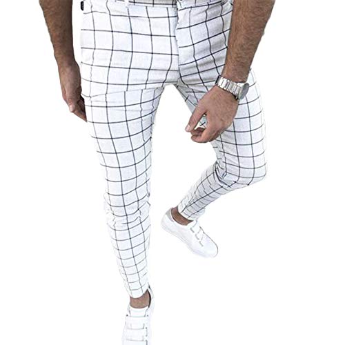 HUAZONG pantalones de cuadros para hombre, informales, ajustados, ajustados, pantalones de chándal Blanco blanco 27-32