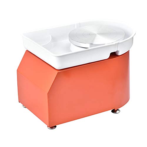 HUKOER Rueda de cerámica eléctrica naranja, máquina formadora de ruedas de cerámica 350W 25CM con pedales y lavabo desmontable, con 8 piezas de juego de cuchillos de arcilla (certificado CE)