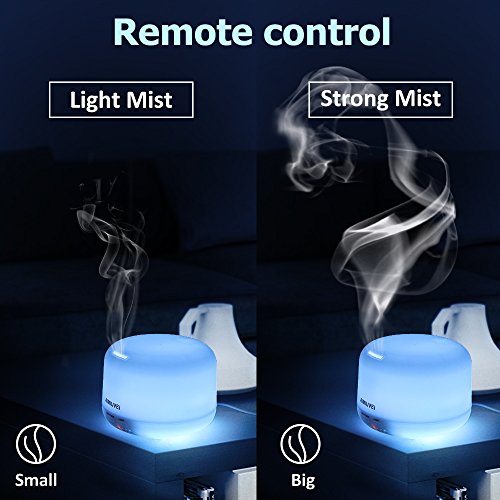 Humidificador Aromaterapia Ultrasónico con Control Remoto, AIMIUVEI Difusor de Aceites Esenciales 300ml，Purificador Aire Vapor Frío con 7 Colores de LED y 2 Opciones de Niebla para Bebé Yoga Oficina