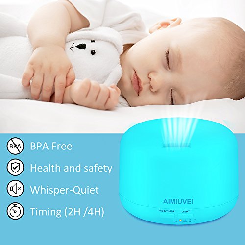 Humidificador Aromaterapia Ultrasónico con Control Remoto, AIMIUVEI Difusor de Aceites Esenciales 300ml，Purificador Aire Vapor Frío con 7 Colores de LED y 2 Opciones de Niebla para Bebé Yoga Oficina