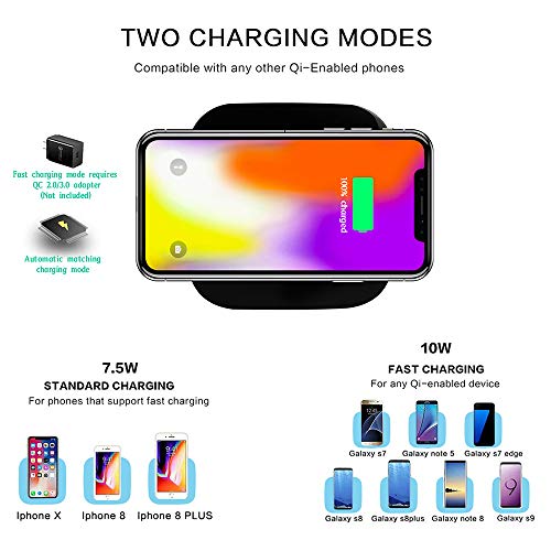 Hunletai Limxems Cargador Inalámbrico 10W Qi Wireless Carga Rápida Quick Charger para iPhone XS/XS MAX/XR/X / 8 / 8Plus Samsung Galaxy Note 9 /S9 /S8 /S8 Plus /S7 /S8 /S9 / Edge /S6 / Note 8 - Negro