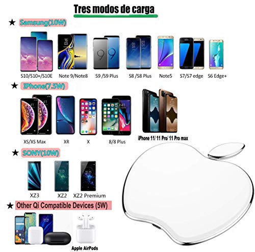 Huongoo Cargador Inalámbrico Rápido, 7.5W Qi Wireless Carga Rápida Quick Charger para iPhone 11/11 Pro/11 Pro MAX/XS MAX/XR/XS/X/8+/8, 10W para Galaxy S20/Note 10/S10/S9/Note 8, AirPods Pro. (Blanco)