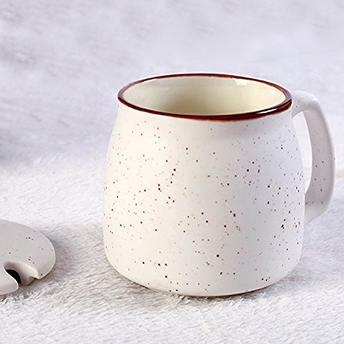 HwaGui Gran taza beige plana personalizada con tapa para café o té, Taza blanca de cerámica termal aislada ancha con la manija, Manchas de color chocolate 400ml / 14oz