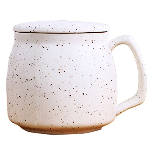 HwaGui Gran taza beige plana personalizada con tapa para café o té, Taza blanca de cerámica termal aislada ancha con la manija, Manchas de color chocolate 400ml / 14oz