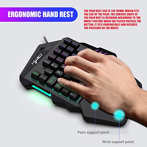 HXSJ J50 Teclado para Juegos de una Mano 35 Teclas Retroiluminación LED + Ratón para Juegos con Cable con luz de respiración 5500 dpi Combo de 7 Botones de Teclado y ratón