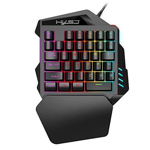 HXSJ J50 Teclado para Juegos de una Mano 35 Teclas Retroiluminación LED + Ratón para Juegos con Cable con luz de respiración 5500 dpi Combo de 7 Botones de Teclado y ratón