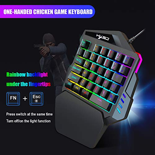 HXSJ J50 Teclado para Juegos de una Mano 35 Teclas Retroiluminación LED + Ratón para Juegos con Cable con luz de respiración 5500 dpi Combo de 7 Botones de Teclado y ratón