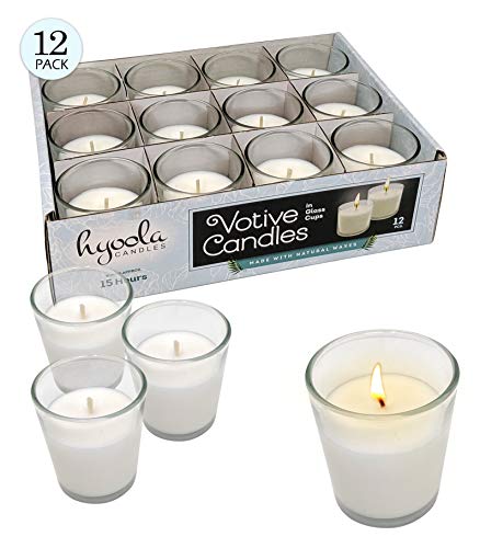 Hyoola Velas votivas Blancas – Vasos de Cristal Transparente, sin Perfume, Extra Largo 15 Horas de Tiempo de combustión – para Decoraciones de Fiestas, cumpleaños, Bodas y centros de Mesa