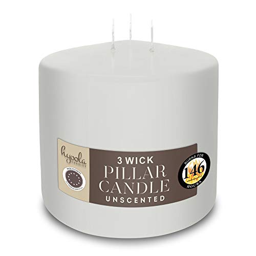 Hyoola White Three Wick Vela grande – 6 x 6 pulgadas – Velas grandes sin aroma – 146 horas – Fabricado en Europa