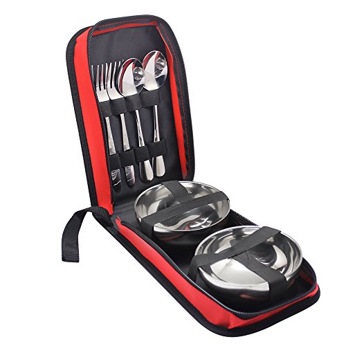 hysagtek Couverts en acier inoxydable Set Portable avec fermeture éclair cas titulaire, Cuillère, Fourchette, Baguettes Blow, pour Voyage Randonnée Camping Pique-nique 2 personnes