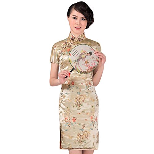 Hzjundasi Chino Tradicional Dragón Fénix Brocado Actuación Qipao Vestido Mujer Cheongsam Vestido de Noche L