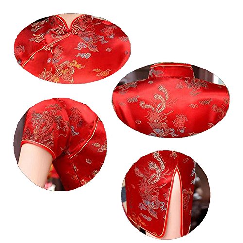 Hzjundasi Chino Tradicional Mujer Retro Floral Impreso Mangas Cortas Cheongsam Brocado Qipao Vestido de Noche M