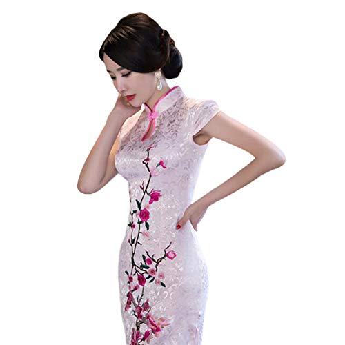 Hzjundasi New Encantador Chino Mujer Tradicional Vestido de Noche Corto Lino Cheongsam Floral Impreso Qipao L