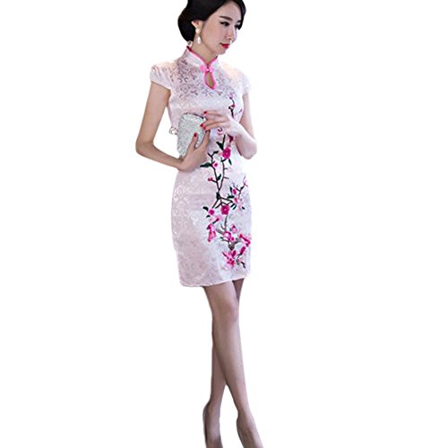 Hzjundasi New Encantador Chino Mujer Tradicional Vestido de Noche Corto Lino Cheongsam Floral Impreso Qipao L