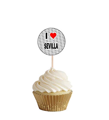 I Love Sevilla – Alimento para fiestas – Cupcakes – Palillos – Banderas de alimentos – Decoraciones de pie (14 unidades)