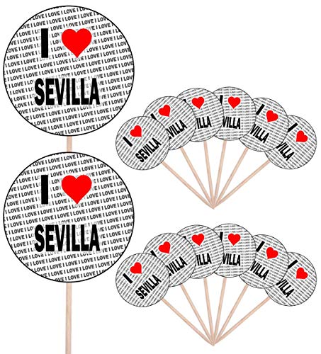 I Love Sevilla – Alimento para fiestas – Cupcakes – Palillos – Banderas de alimentos – Decoraciones de pie (14 unidades)