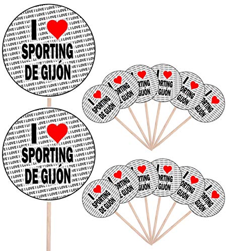 I Love Sporting De Gijon – Alimento para fiestas – Cupcakes para pasteles – Palillos – Banderas de alimentos – Decoraciones de pie (14 unidades)