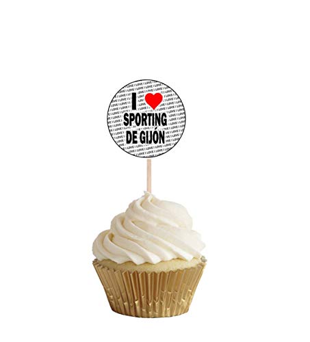 I Love Sporting De Gijon – Alimento para fiestas – Cupcakes para pasteles – Palillos – Banderas de alimentos – Decoraciones de pie (14 unidades)