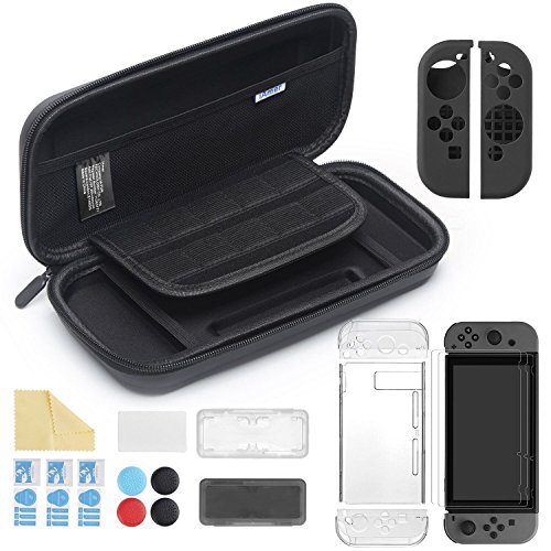 iAmer 11 en 1 Accesorios para Nintendo Switch, con Funda para Nintendo Switch+Funda Transparente+3 Protector de Pantalla+Funda de Silicona +4 Pulgar Grips+2 Estuche De Juegos+Paño de Limpieza