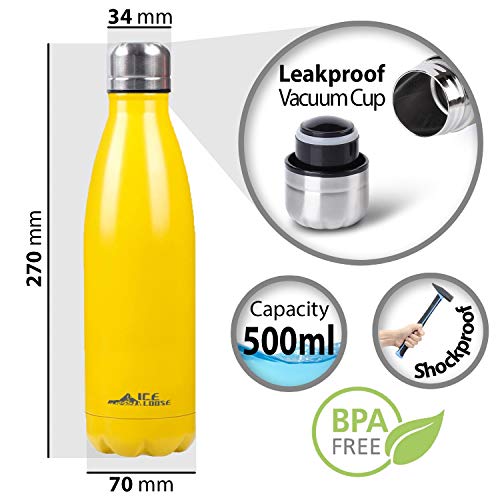 Ice Loose - Botella de agua térmica de acero inoxidable de doble pared, 500 ml, ideal para deportes, gimnasio, escuela, yoga, camping, termo sin BPA (amarillo)