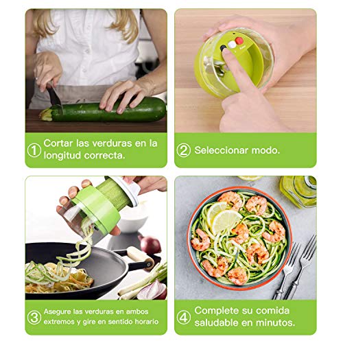 ICHECKEY Cortador de Verduras,Rallador de Verduras 4 en 1 Verduras Cortador,Calabacin Pasta,Cortador en Espiral Manual,Adecuado para Zanahorias,Pepinos,Vegetal Veggetti Slicer Pepino(Verde)