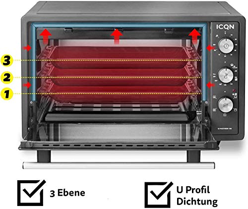 ICQN mini horno con aire forzado | Horno de pizza | Mini horno | Iluminación interior Doble acristalamiento | Función de temporizador | Esmaltado (antracita, 42 litros)