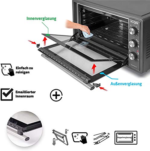 ICQN mini horno con aire forzado | Horno de pizza | Mini horno | Iluminación interior Doble acristalamiento | Función de temporizador | Esmaltado (Inox gris, 42 litros)