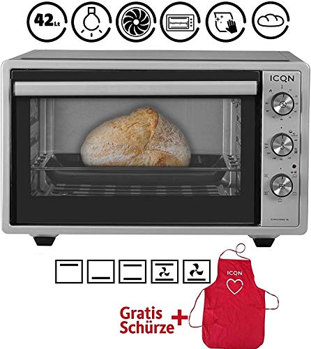 ICQN mini horno con aire forzado | Horno de pizza | Mini horno | Iluminación interior Doble acristalamiento | Función de temporizador | Esmaltado (Inox gris, 42 litros)