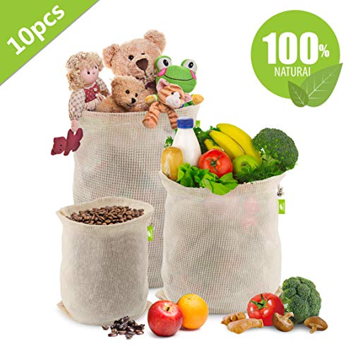 Idefair Bolsas de malla reutilizables,10 unidades de bolsas de almacenamiento de verduras y productos frescos algodón para juguetes, alimentos, compras, almacenamiento