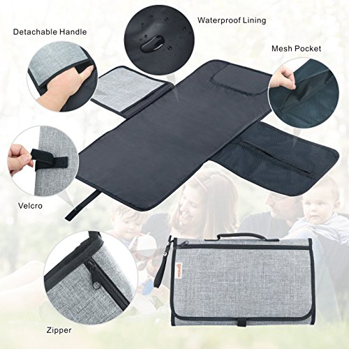 Idefair Portátil Bebé Cambiador, Impermeable Cambio de Pañales Pad Cojín Para Cabeza Con Bolsillos, Plegable Orinal Infantil Pad Kit de Cambiador Para el Hogar Viaje Fuera Gris