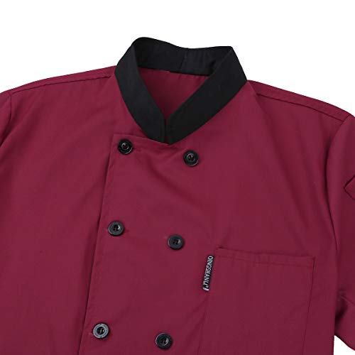 IEFIEL Camisa de Cocinero Camiseta Manga Corta Unisexo para Hombre Mujer Chef Escudo Uniforme de Trabajo Cocina Hotel Restaurante Rojo Vino Large