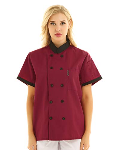 IEFIEL Camisa de Cocinero Camiseta Manga Corta Unisexo para Hombre Mujer Chef Escudo Uniforme de Trabajo Cocina Hotel Restaurante Rojo Vino Large