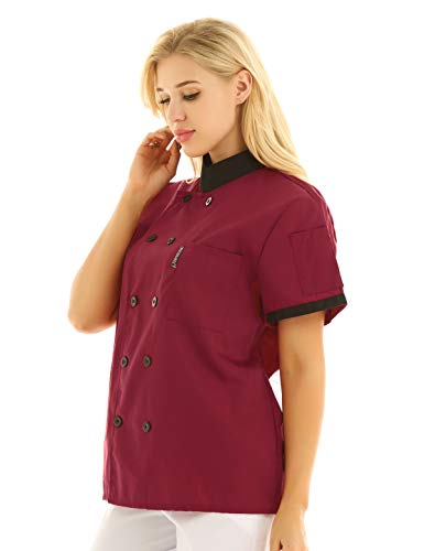 IEFIEL Camisa de Cocinero Camiseta Manga Corta Unisexo para Hombre Mujer Chef Escudo Uniforme de Trabajo Cocina Hotel Restaurante Rojo Vino Large