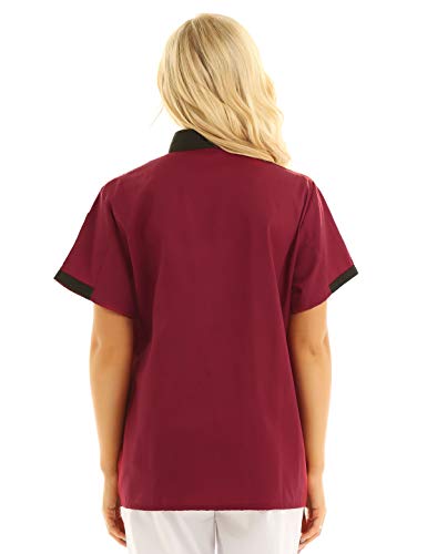 IEFIEL Camisa de Cocinero Camiseta Manga Corta Unisexo para Hombre Mujer Chef Escudo Uniforme de Trabajo Cocina Hotel Restaurante Rojo Vino Large