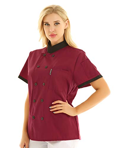 IEFIEL Camisa de Cocinero Camiseta Manga Corta Unisexo para Hombre Mujer Chef Escudo Uniforme de Trabajo Cocina Hotel Restaurante Rojo Vino Large