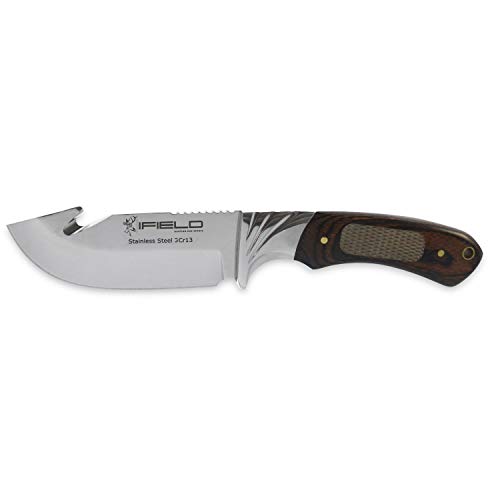 iFIELD Cuchillo desollador Camper EL29015, Mango Stamina Decorada, Hoja Acero INOX de 10,5 cms, Largo Total 22,5 cms, con Funda de Piel, Herramienta de Camping para Pesca, Caza, Actividad Deportiva