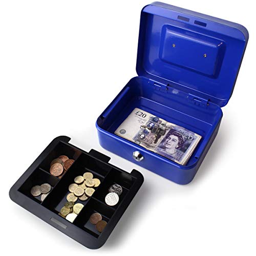 iGadgitz Home U7172 Caja Fuerte Portatil Caja Metalica con Llave y Bandeja Portamonedas, Caja Seguridad, Caja de Efectivo -Azul -8" (20cm)