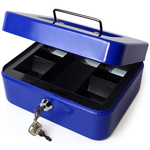 iGadgitz Home U7172 Caja Fuerte Portatil Caja Metalica con Llave y Bandeja Portamonedas, Caja Seguridad, Caja de Efectivo -Azul -8" (20cm)